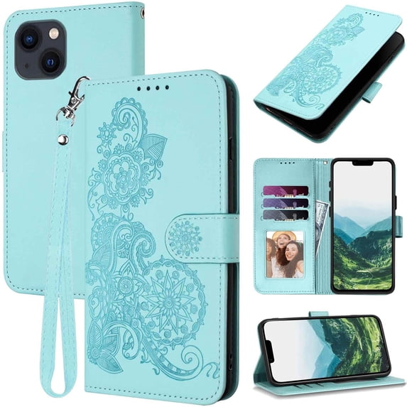 for iPhone 14 Plus Wallet Case,14 Plus Phone Case Card Holder,Cute Floral Leather Kickstand Flip Cases,Wrist Strap,Magnetic Closure,Shockproof Protective Cover for iPhone 14 Plus (Teal)