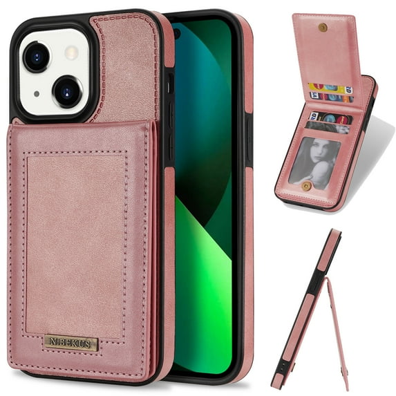 for iPhone 14 Plus Wallet Case with Card Holder, Faux Leather Kickstand Card Slots Case, RFID Blocking Magnetic Shockproof Protective Slim Back Flip Phone Case for iPhone 14 Plus 6.7",Rosegold