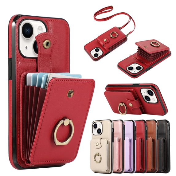 for iPhone 14 Plus Wallet Case with Card Holder, PU Leather Case with Ring Holder Kickstand, Snap Button Card Slots Case for Women Men for iPhone 14 Plus with Crossbody Strap - Red