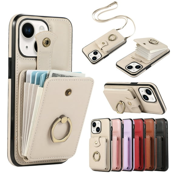 for iPhone 14 Plus Wallet Case with Card Holder, PU Leather Case with Ring Holder Kickstand, Snap Button Card Slots Case for Women Men for iPhone 14 Plus with Crossbody Strap - Beige
