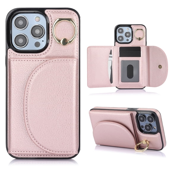 for iPhone 14 Plus Wallet Case with Card Holder Women Men, Flip PU Leather Kickstand Shockproof Protective Phone Cover Magnetic Clasp 360 Rotation Ring Stand for iPhone 14 Plus, Rosegold