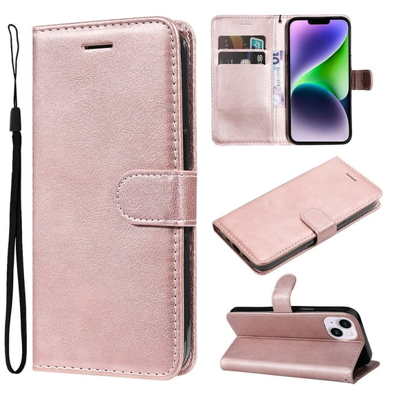 for iPhone 14 Plus Wallet Case, with Credit Card Holder and Wrist Strap, RFID Blocking PU Leather Flip Magnetic Cell Phone Cover Case for iPhone 14 Plus 6.7 inch, Rosegold