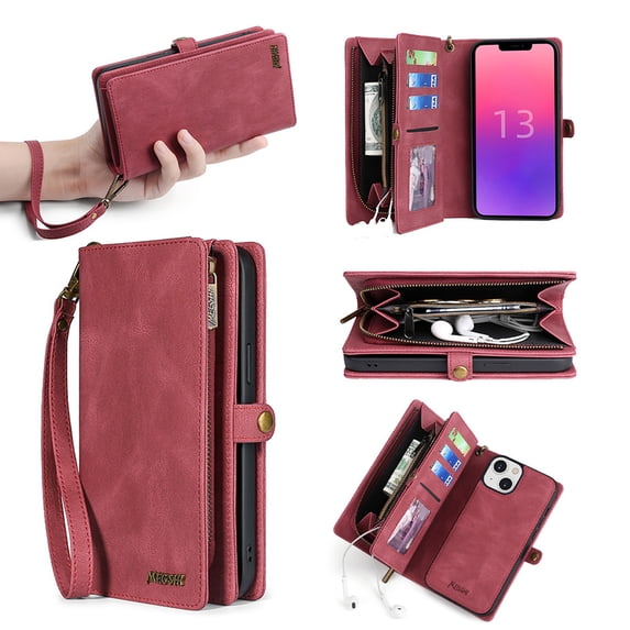 for iPhone 14 Plus Wallet Case, Durable PU Leather 2-in-1 Detachable Magnetic Flip Phone Case for iPhone 14 Plus Case Wallet with Card Holder Slots Zipper Pouch for Women Men, Red