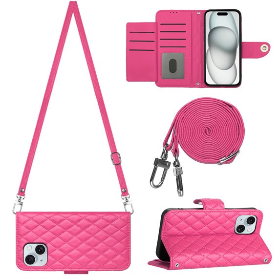 for iPhone 14 Plus Wallet Case, Elegant Card Holder Cash Slot PU Leather Kickstand Shoulder Strap Shockproof Protective Flip Women Girls Case Cover for iPhone 14 Plus, Rose
