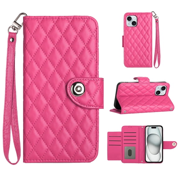 for iPhone 14 Plus Wallet Case, Elegant Card Holder Cash Slot PU Leather Kickstand Wrist Strap Shockproof Protective Flip Women Girls Case Cover for iPhone 14 Plus, Rose