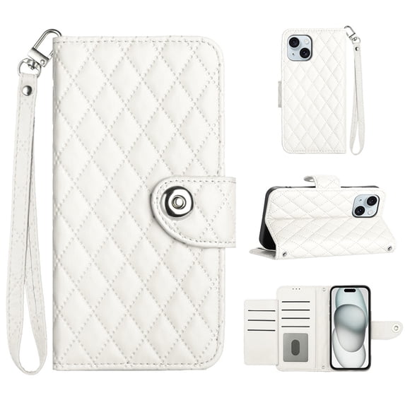 for iPhone 14 Plus Wallet Case, Elegant Card Holder Cash Slot PU Leather Kickstand Wrist Strap Wallet Shockproof Protective Flip Women Girls Case Cover for iPhone 14 Plus, White