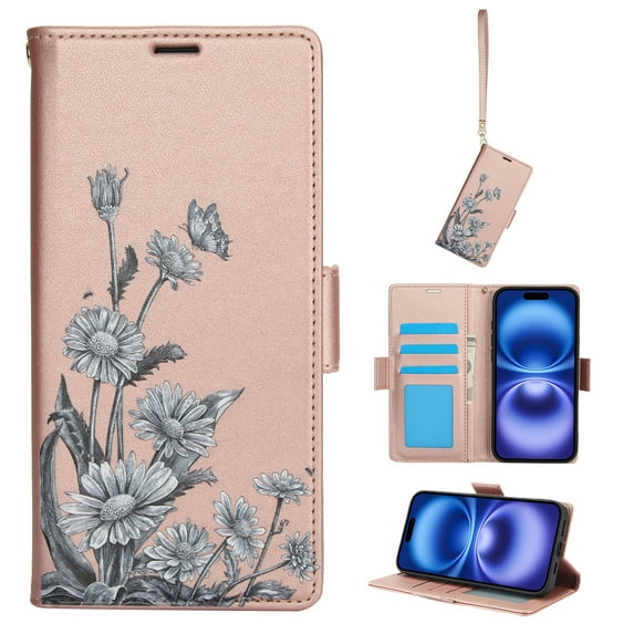 for iPhone 14 Plus Wallet Case, Luxury Flower Pattern RFID Blocking Wrist Strap Flip Folio Cover with Kickstand Feature for Women Girls, PU Leather Phone Case for iPhone 14 Plus, Rosegold