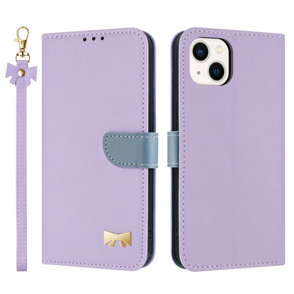 for iPhone 14 Plus Wallet Case, Magnetic Closure & Adjustable Kickstand & Card Slots & Shoulder Strap & Wrist Strap Full Body Protection Rugged Phone Case for iPhone 14 Plus, Purple