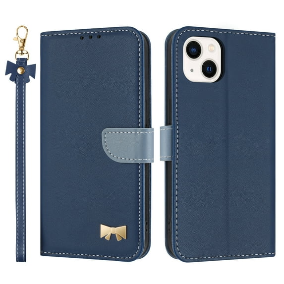 for iPhone 14 Plus Wallet Case, Magnetic Closure & Adjustable Kickstand & Card Slots & Shoulder Strap & Wrist Strap Full Body Protection Rugged Phone Case for iPhone 14 Plus, Darkblue