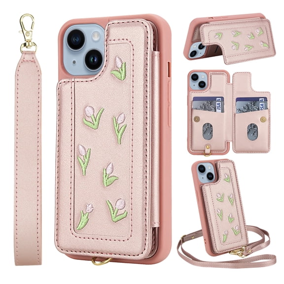 for iPhone 14 Plus Wallet Case, Magnetic Snap Flip PU Leather TPU Cover with Flower Design Credit Card Holder Stand Wristband Shoulder Strap Protective Phone Case for Women Girls, Rosegold