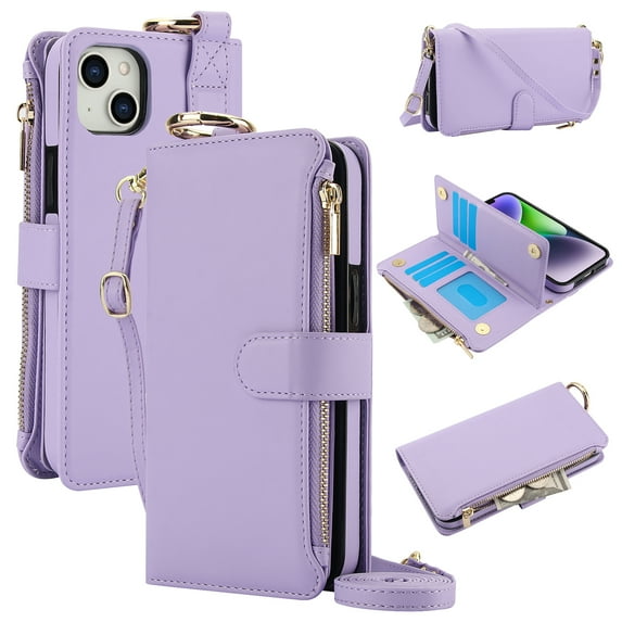 for iPhone 14 Plus Wallet Case, Multi-Functional Purse Case with Card Holders Zipper Pocket, RFID Blocking Full Body Case, Shoulder Strap Wristband Crossbody Cover for iPhone 14 Plus, Violet