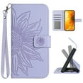 thumbnail image 1 of for iPhone 14 Plus Wallet Case, [Sun Flower Embossed & Wrist Strap] PU Leather Purse Case Flip Protective Phone Cover with Card Slots and Kickstand for iPhone 14 Plus, Lightpurple, 1 of 8