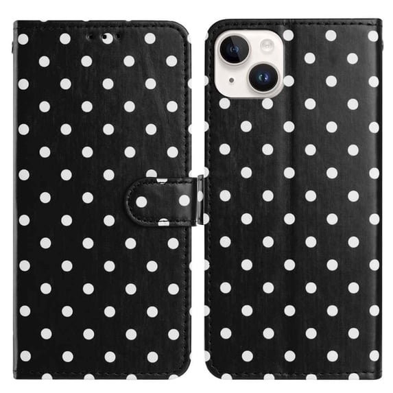 for iPhone 14 Plus Wallet Case with Wrist Strap - Faux Leather Flip Folio Phone Case with Card Holder Slot Kickstand Cute Aesthetic Small Round Dot Design for Women Ladies, Black