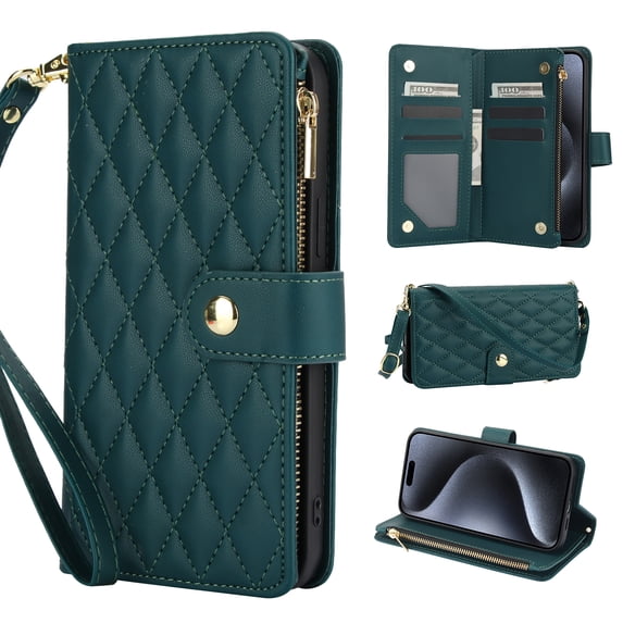 for iPhone 14 Plus Wallet Case with Zipper Pocket, RFID Blocking Card Slots, PU Leather Magnetic Clasp Kickstand Crossbody & Wrist Strap Rugged Protective Cover for iPhone 14 Plus, Green