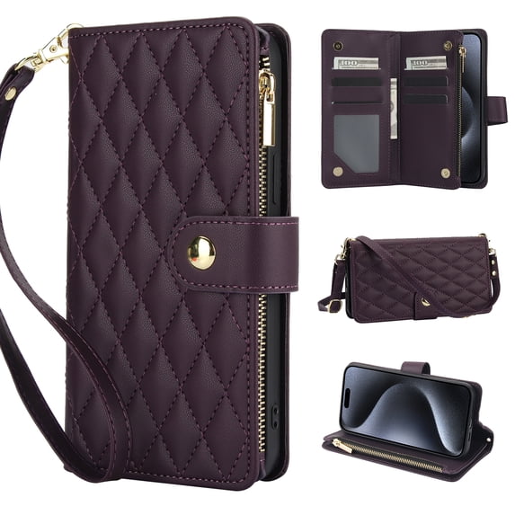for iPhone 14 Plus Wallet Case with Zipper Pocket, RFID Blocking Card Slots, PU Leather Magnetic Clasp Kickstand Crossbody & Wrist Strap Rugged Protective Cover for iPhone 14 Plus, Darkpurple