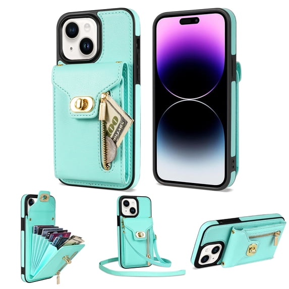 for iPhone 14 Plus Wallet Case, iPhone 14 Plus Zipper Purse Crossbody Wallet Phone Case with Lanyard, Metal Buckle Closure PU Leather Card Holder Kickstand Flip Folio Protective Cover, Mint