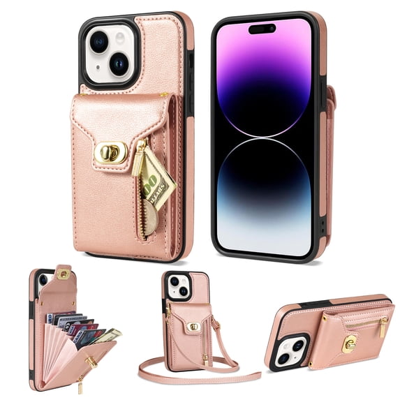 for iPhone 14 Plus Wallet Case, iPhone 14 Plus Zipper Purse Crossbody Wallet Phone Case with Lanyard, Metal Buckle Closure PU Leather Card Holder Kickstand Flip Folio Protective Cover, Rosegold