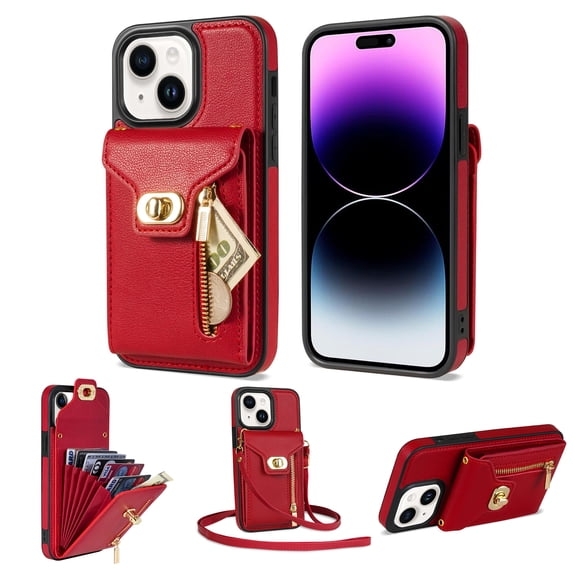 for iPhone 14 Plus Wallet Case, iPhone 14 Plus Zipper Purse Crossbody Wallet Phone Case with Lanyard, Metal Buckle Closure PU Leather Card Holder Kickstand Flip Folio Protective Cover, Red