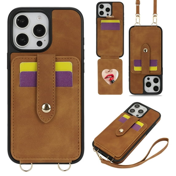 for iPhone 14 Plus Wallet Cover, with Mirror & Magnetic Clasp & Credit Card Holder Kickstand, Crossbody Strap & Wrist Strap PU Leather Cover for iPhone 14 Plus Women Girls, Brown