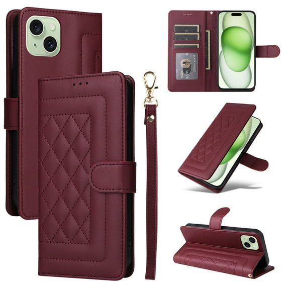 for iPhone 14 Plus Wallet Flip Case, Classic PU Leather Card Slots with Lanyard Magnetic Closure Kickstand Drop Protective Soft TPU Inner Phone Case Cover for iPhone 14 Plus, Winered