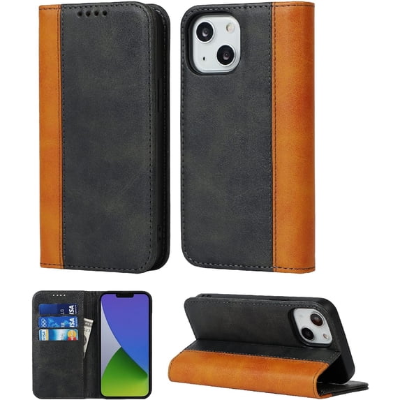 for iPhone 14 Plus Wallet Folio Phone Case with Card Holder 6.7 Inch,Premium PU Leather Magnetic Full Protection Shockproof Phone Case for Women & Men for iPhone 14 Plus 5G 2022 -Black+Khaki
