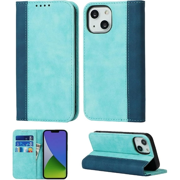 for iPhone 14 Plus Wallet Folio Phone Case with Card Holder 6.7",Premium PU Leather Magnetic Full Protection Shockproof Phone Case for Women & Men for iPhone 14 Plus 5G 2022 -Sky Blue+Blue