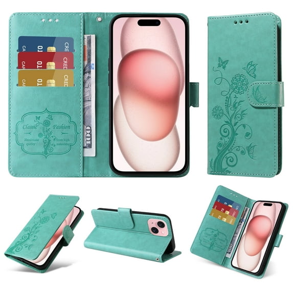for iPhone 14 Plus Wallet Phone Case,Women Flip Folio Cover with Credit Card Holders Emboss Butterfly & Flower PU Leather Purse Kickstand Case With Wrist Strap for iPhone 14 Plus,Green