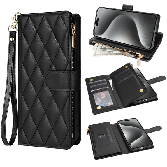 for iPhone 14 Plus Wallet Phone case with Card Holder,Phone case RFID Blocking PU Leather Flip Shockproof Cover with Hand Strap Zipper Credit Card Holder Slots for Women Men,Black