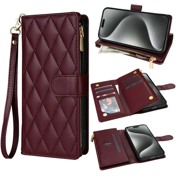 for iPhone 14 Plus Wallet Phone case with Card Holder,Phone case RFID Blocking PU Leather Flip Shockproof Cover with Hand Strap Zipper Credit Card Holder Slots for Women Men,Winered