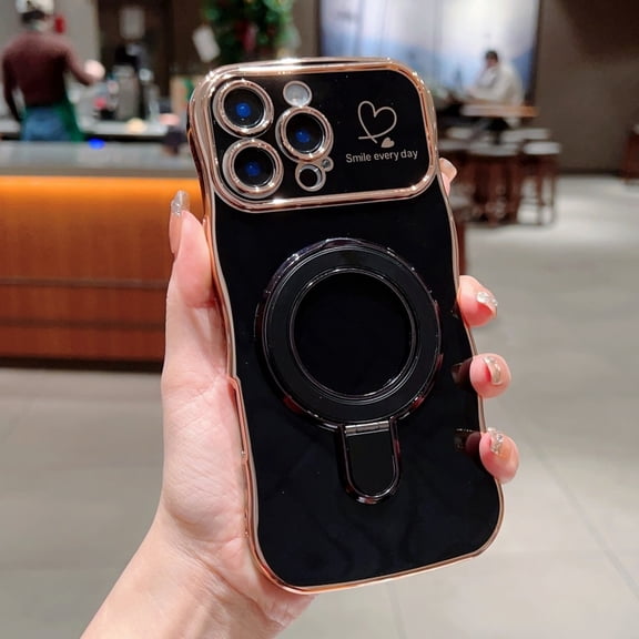 for iPhone 14 Plus Wave Design Magnetic Case, Compatible with MagSafe, Heart Pattern Metal Kickstand Plating TPU Shockproof Protective Ultra Slim Phone Case for iPhone 14 Plus, Black