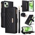 thumbnail image 1 of for iPhone 14 Plus Zipper Pocket Wallet Magnetic Closure Cover Crossbody + Wrist Strap [ 7 Cards Slot] Flip Kickstand RFID Blocking Shoulder Strap PU Leather Purse Shockproof Case,Black, 1 of 9
