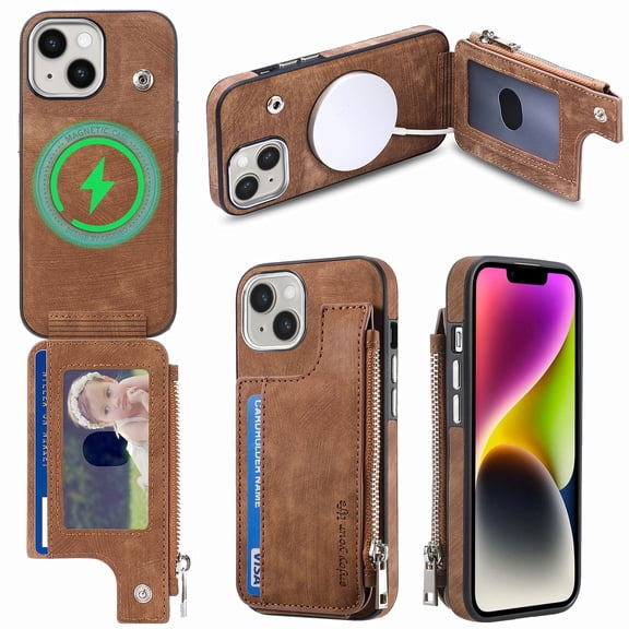 for iPhone 14 Plus Zipper Wallet Case with Card Holder, Back Flip Folio PU Leather Card Slots Case for Men Women, Magnetic Wireless Charging Shockproof Cover for iPhone 14 Plus 6.7", Brown
