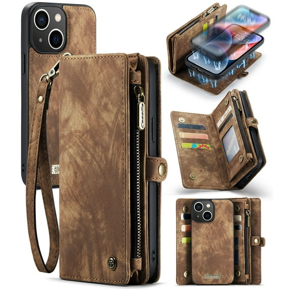 for iPhone 14 Premium PU Leather Folding Case, Multiple Card Slots Design, Wrist Strap Zipper Pocket Kickstand Magnetic Snap, Wireless Charging for iPhone 14, Darkbrown