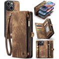 thumbnail image 1 of for iPhone 14 Premium PU Leather Folding Case, Multiple Card Slots Design, Wrist Strap Zipper Pocket Kickstand Magnetic Snap, Wireless Charging for iPhone 14, Darkbrown, 1 of 10