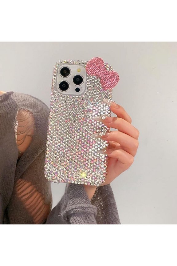 for iPhone 14 Pro 3D Glitter Sparkle Bling Case Cute Bow Pink Women Girls Kids Crystal Rhinestone Clear Protective Diamond Bumper Cover Case for iPhone 14 Pro 6.1 inch