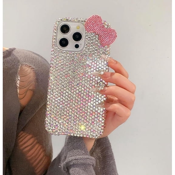 for iPhone 14 Pro 3D Glitter Sparkle Bling Case Cute Bow Pink Women Girls Kids Crystal Rhinestone Clear Protective Diamond Bumper Cover Case for iPhone 14 Pro 6.1 inch