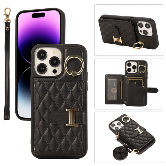 for iPhone 14 Pro 6.1" Detachable Shoulder Strap Wallet Case, with Card Slots & 360-degree Rotation Stand Ring Flip Premium PU Leather Protective Cover Lanyard for Women Girls, Black