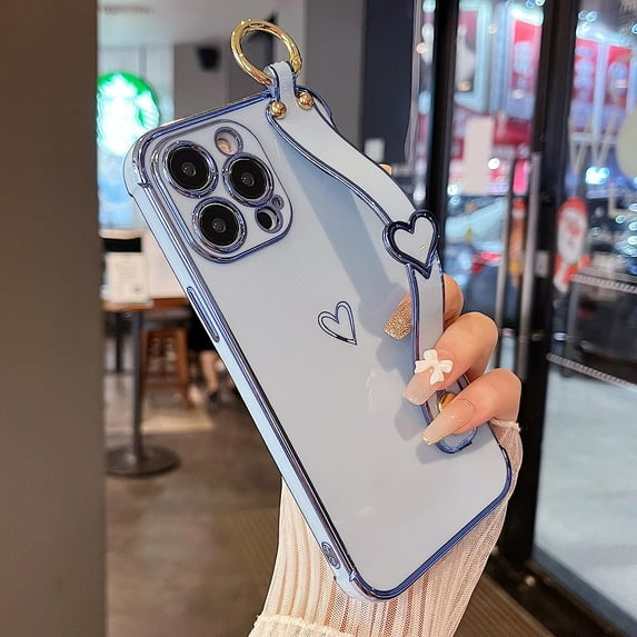 for iPhone 14 Pro 6.1 inch Case,Luxury Plating Edge Love Hearts Pattern with Wristband Kickstand Camera Lens Protection,Soft Shockproof Cover for Girls Women,Blue