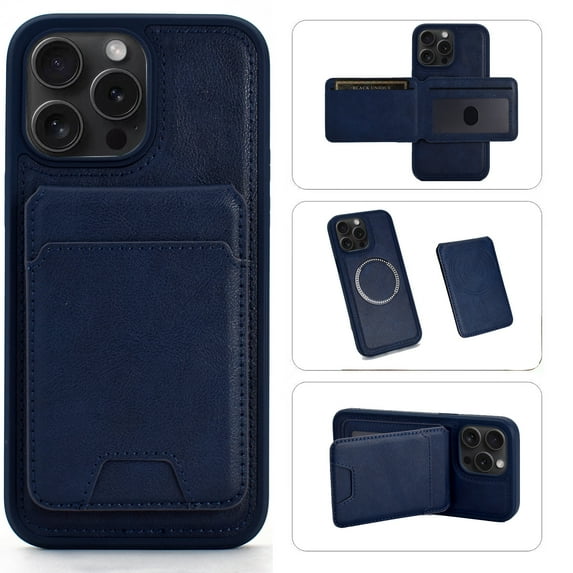 for iPhone 14 Pro Back Case with Detachable Magnetic Card Bag, Classic PU Leather Kickstand Ultra Slim Shockproof Protective Anti-slip Business Phone Case for iPhone 14 Pro, Navyblue