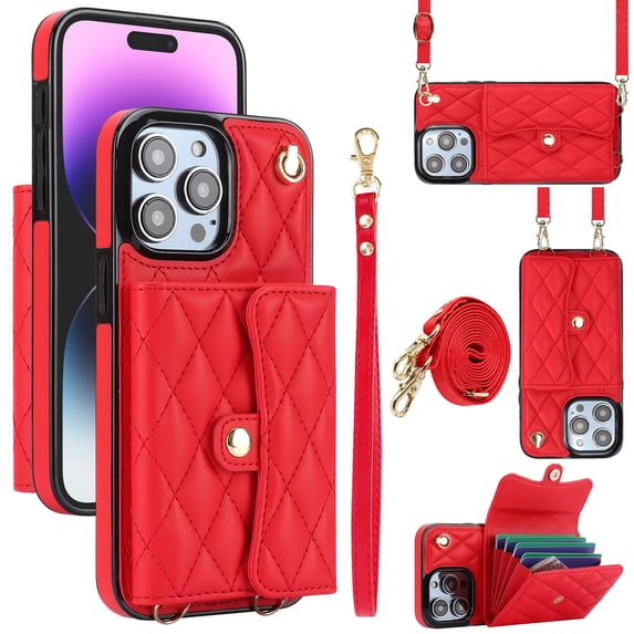 for iPhone 14 Pro Back Case, Luxury Ultra Slim Shockproof PU Leather Card Slots Kickstand Magnetic Snap Shoulder Strap & Wristlet RFID Blocking Phone Cover for iPhone 14 Pro, Red