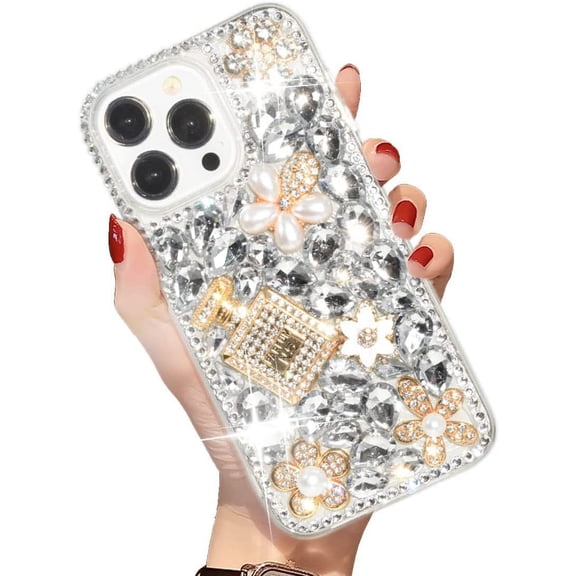 iPhone 14 Pro Bling Glitter Case,Luxury Bling Diamond Rhinestone Gemstone 3D Perfume Bottle and Flower Gemstone Soft TPU Back Cover Case for Women Girls with iPhone 14 Pro 6.1" 2022