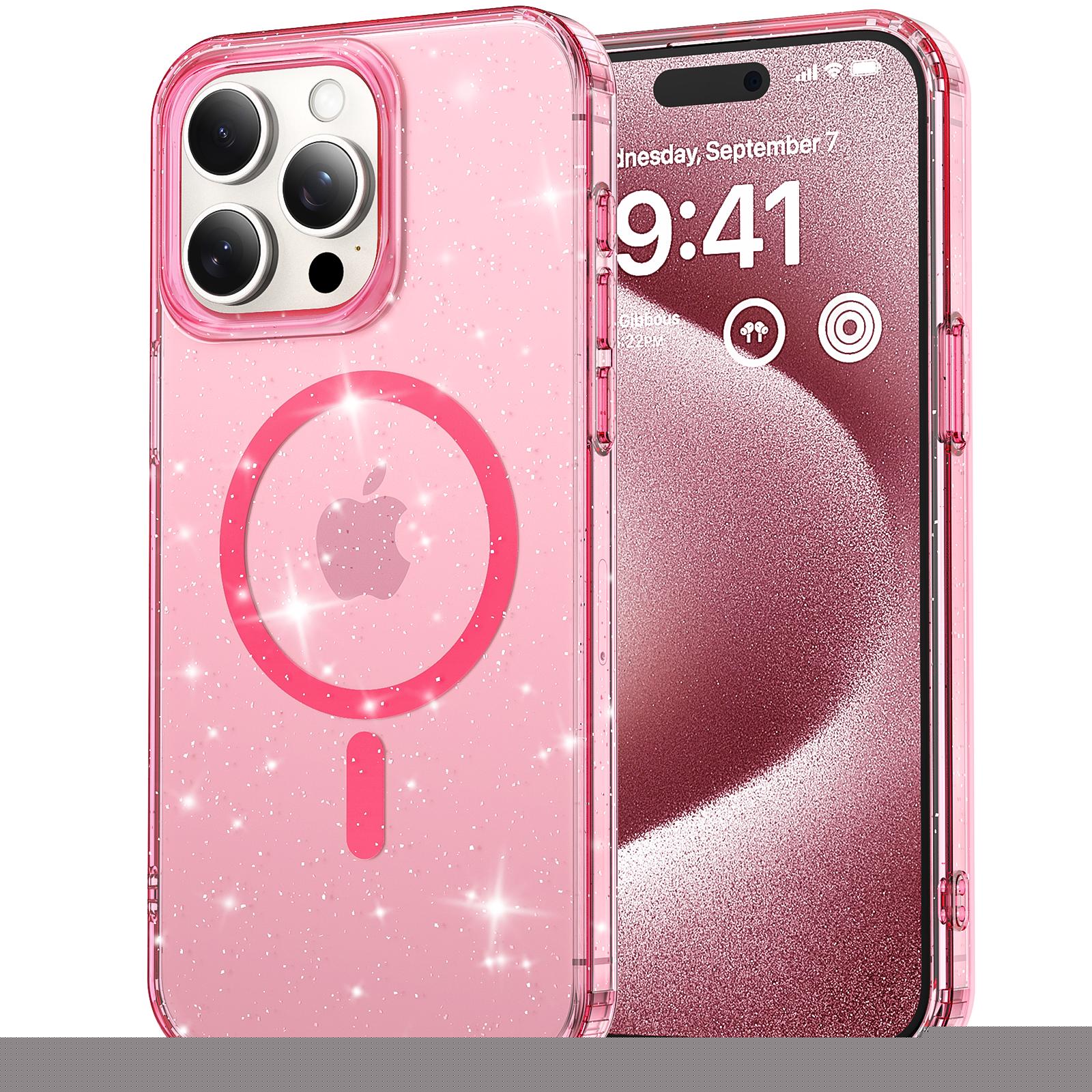 For iPhone 14 Pro Bling Glitter Case Women Girls, Anti-Yellow Shockproof Crystal Phone Case, Compatible with MagSafe Anti-Scratch TPU Bumper Cover for iPhone 14 Pro, Pink
