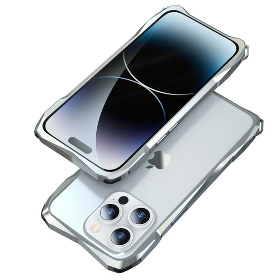 for iPhone 14 Pro Bumper, Aluminum Metal Frame Shockproof & Carbon Fiber Back Patch & Lens Protector Shock Absorbent Raised Edge Protection for iPhone 14 Pro 6.1 inch - Silver