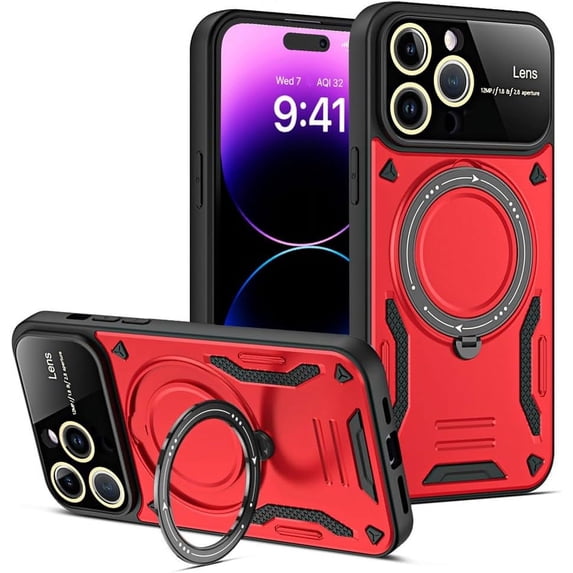 for iPhone 14 Pro Case with 360° Rotatable Magnetic Ring Stand, Large Window Design Compatible with Magsafe, -Grade Protection Shockproof Phone Cover for Women Men, Red