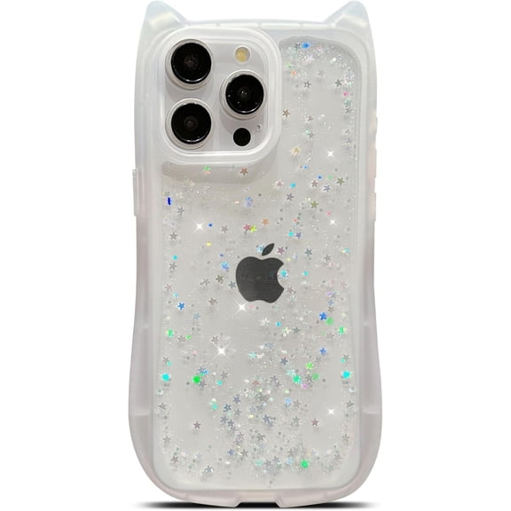 for iPhone 14 Pro Case 6.1" Bling Glitter Sparkle Star Shiny Clear Transparent Cute Kawaii 3D Cat Ear Soft Silicone Shockproof Protective Arc Edge Aesthetic Cover for Women (White)