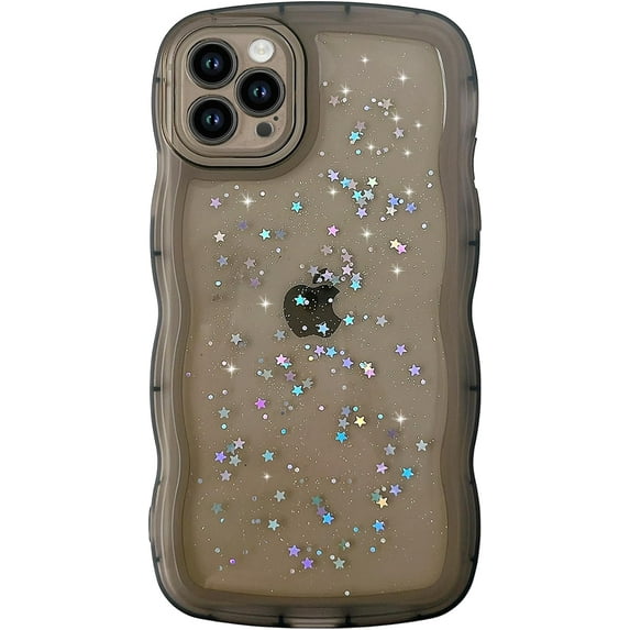 for iPhone 14 Pro Case 6.1" Curly Wave Edge Design Transparent Bling Glitter Star Shiny Case Cute Clear Transparent Full Protection Soft TPU Shockproof Phone Cover for Women Girls, Black