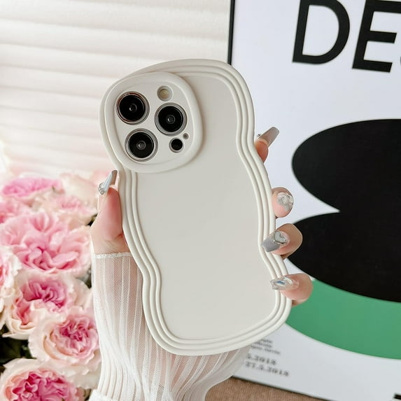 for iPhone 14 Pro Case 6.1 Inch Curly Wave Frame Phone Case Cute Design Color Aesthetic Phone Case Soft TPU Shockproof Protective Bumper Case Cover for Girls, Beige