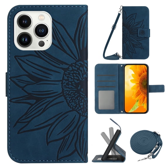 for iPhone 14 Pro Case with Adjustable Crossbody Strap, Wallet Case Flip Case PU Leather Embossed Flowers Folio Magnetic Kickstand Cover Card Slots for iPhone 14 Pro, Inkblue