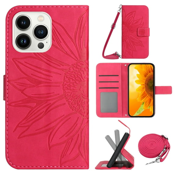 for iPhone 14 Pro Case with Adjustable Crossbody Strap, Wallet Case Flip Case PU Leather Embossed Flowers Folio Magnetic Kickstand Cover Card Slots for iPhone 14 Pro, Rose