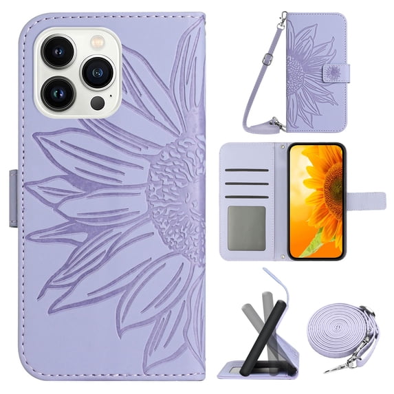 for iPhone 14 Pro Case with Adjustable Crossbody Strap, Wallet Case Flip Case PU Leather Embossed Flowers Folio Magnetic Kickstand Cover Card Slots for iPhone 14 Pro, Lightpurple